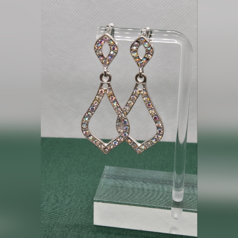 Silver Tone Multicolor AB Rhinestones Drop Earrings - Picture 5 of 16